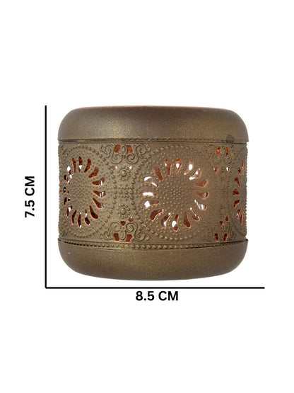 Brown & Peach Colored Geometric Textured Metal Glass Candle Holder