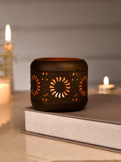 Brown & Peach Colored Geometric Textured Metal Glass Candle Holder