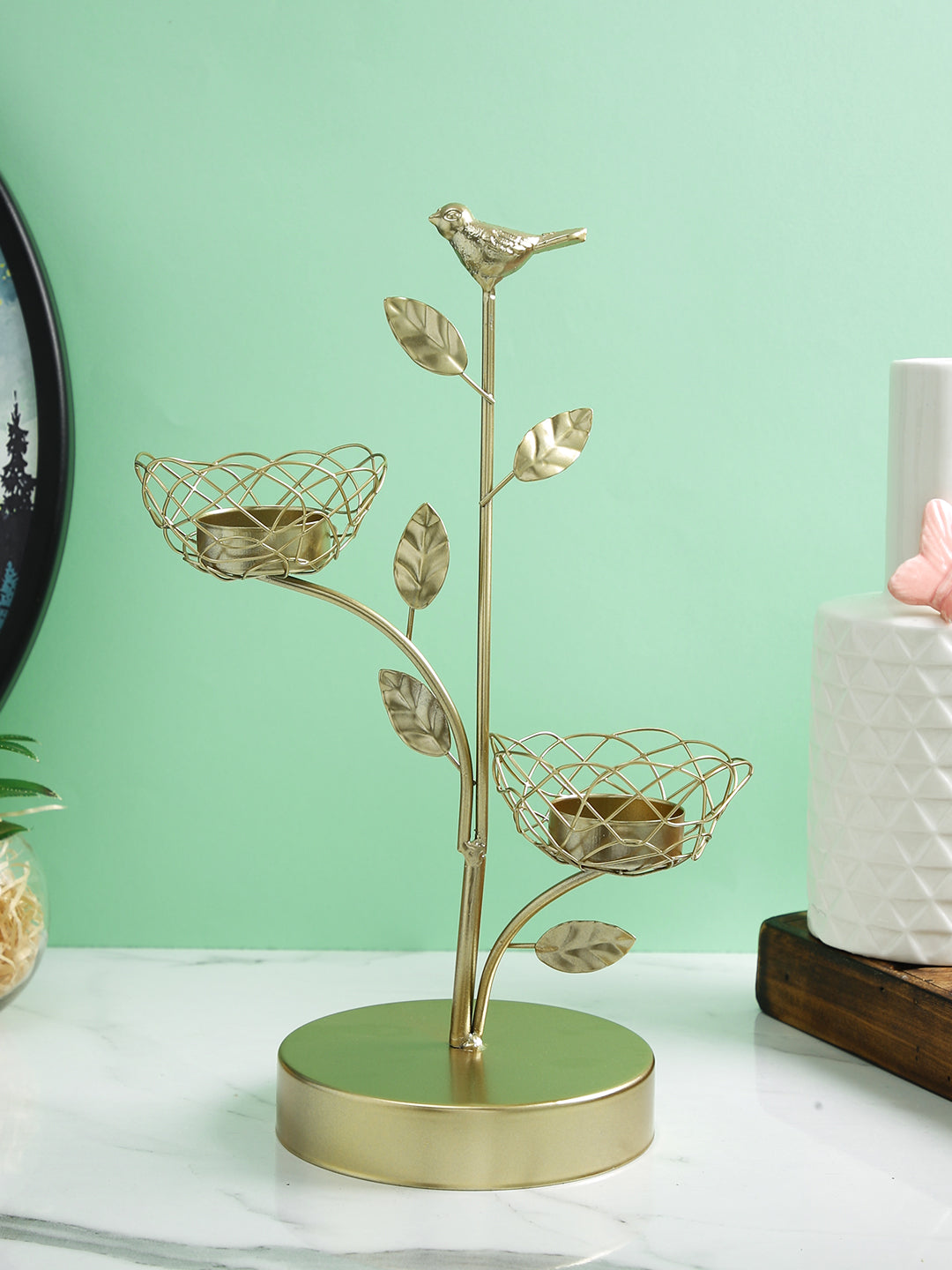 Gold Toned Bird And Branch Textured Metal Candle Holder