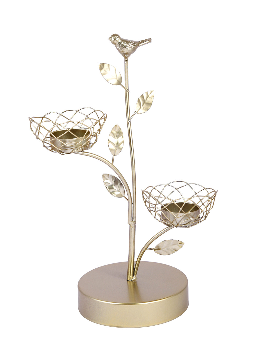 Gold Toned Bird And Branch Textured Metal Candle Holder
