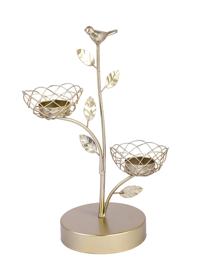 Gold Toned Bird And Branch Textured Metal Candle Holder