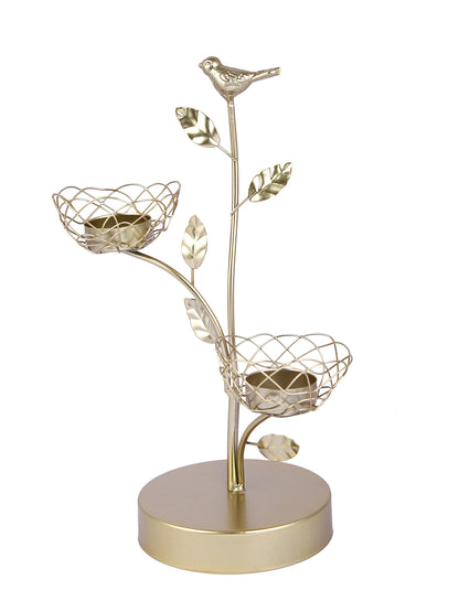 Gold Toned Bird And Branch Textured Metal Candle Holder