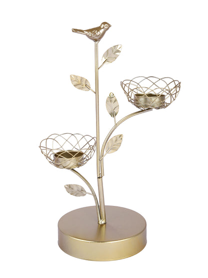 Gold Toned Bird And Branch Textured Metal Candle Holder