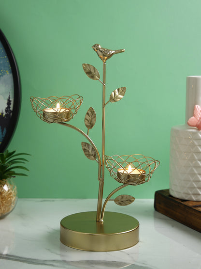 Gold Toned Bird And Branch Textured Metal Candle Holder