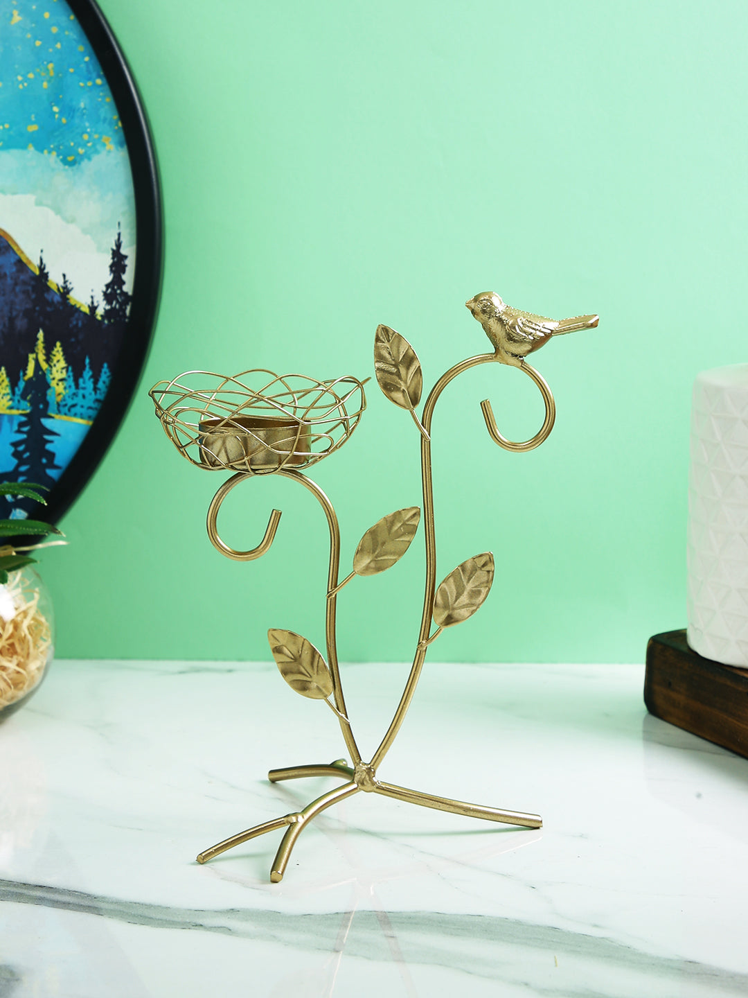 Gold  Toned Leaves and Branch Textured Metal Candle Holder