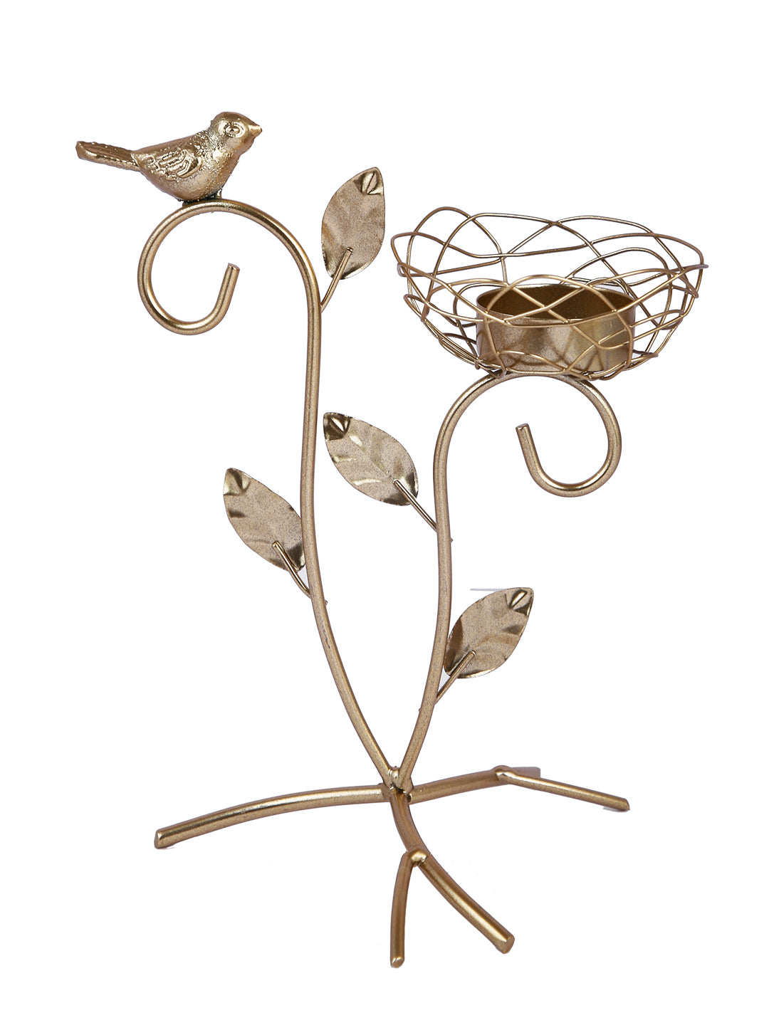 Gold  Toned Leaves and Branch Textured Metal Candle Holder