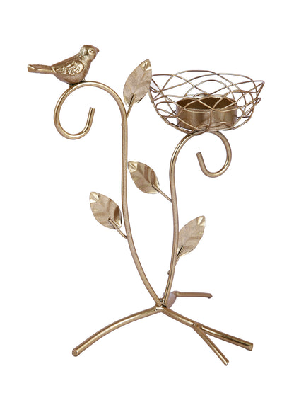 Gold  Toned Leaves and Branch Textured Metal Candle Holder