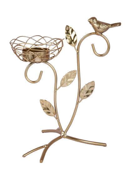 Gold  Toned Leaves and Branch Textured Metal Candle Holder