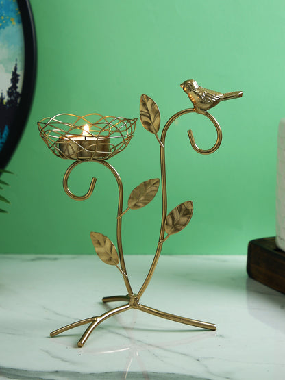 Gold  Toned Leaves and Branch Textured Metal Candle Holder