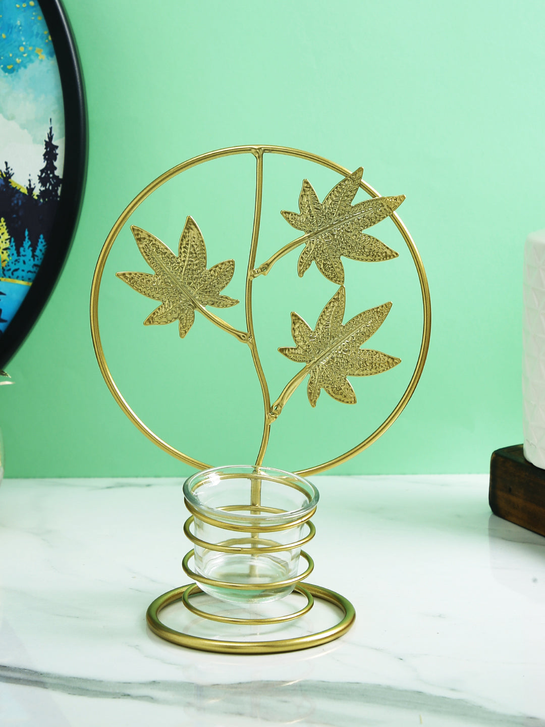 Gold Toned & Transparent Autum Leaves Textured Metal Glass Candle Holder