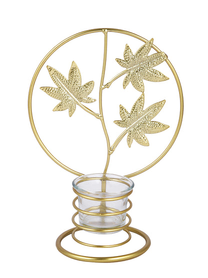 Gold Toned & Transparent Autum Leaves Textured Metal Glass Candle Holder