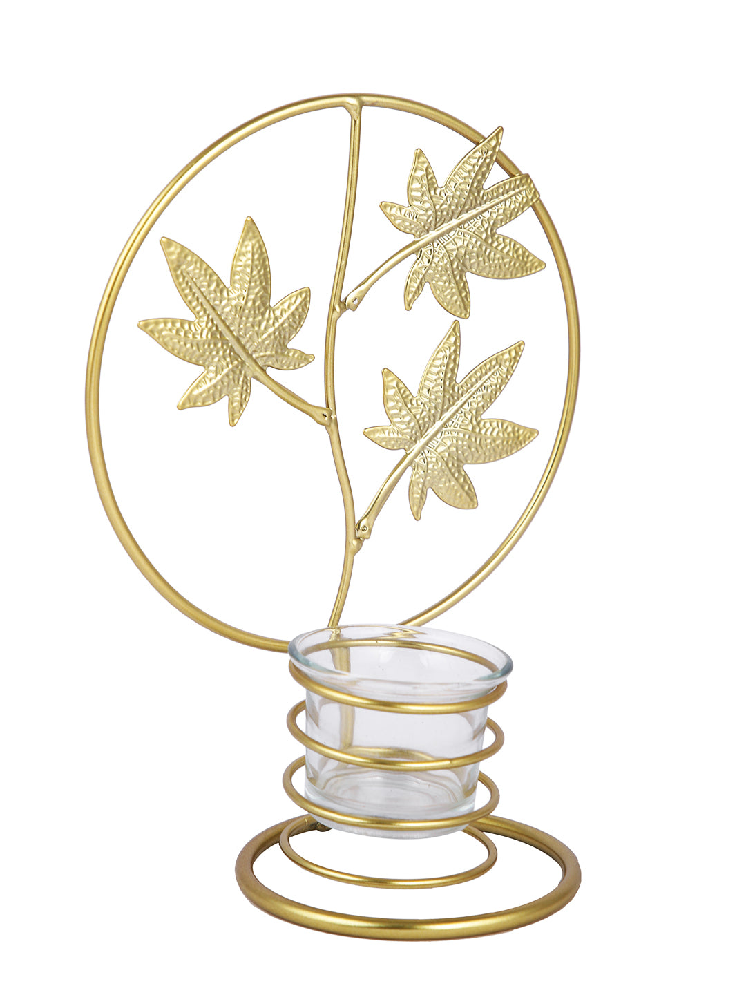 Gold Toned & Transparent Autum Leaves Textured Metal Glass Candle Holder