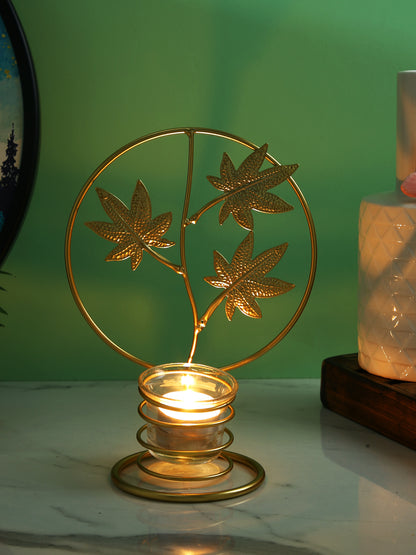 Gold Toned & Transparent Autum Leaves Textured Metal Glass Candle Holder
