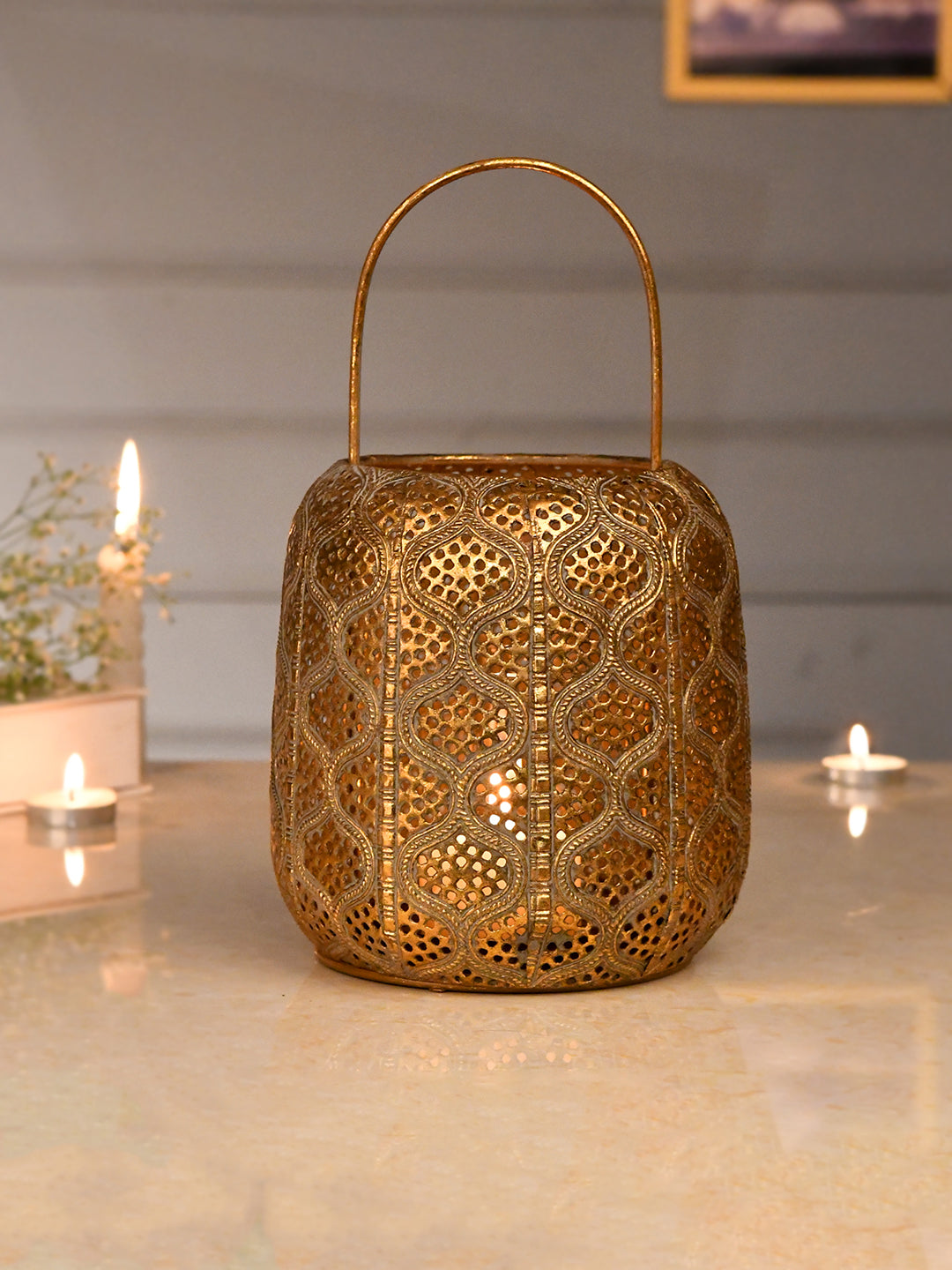 Gold-Toned Antique Look Hanging Lantern Candle Holder