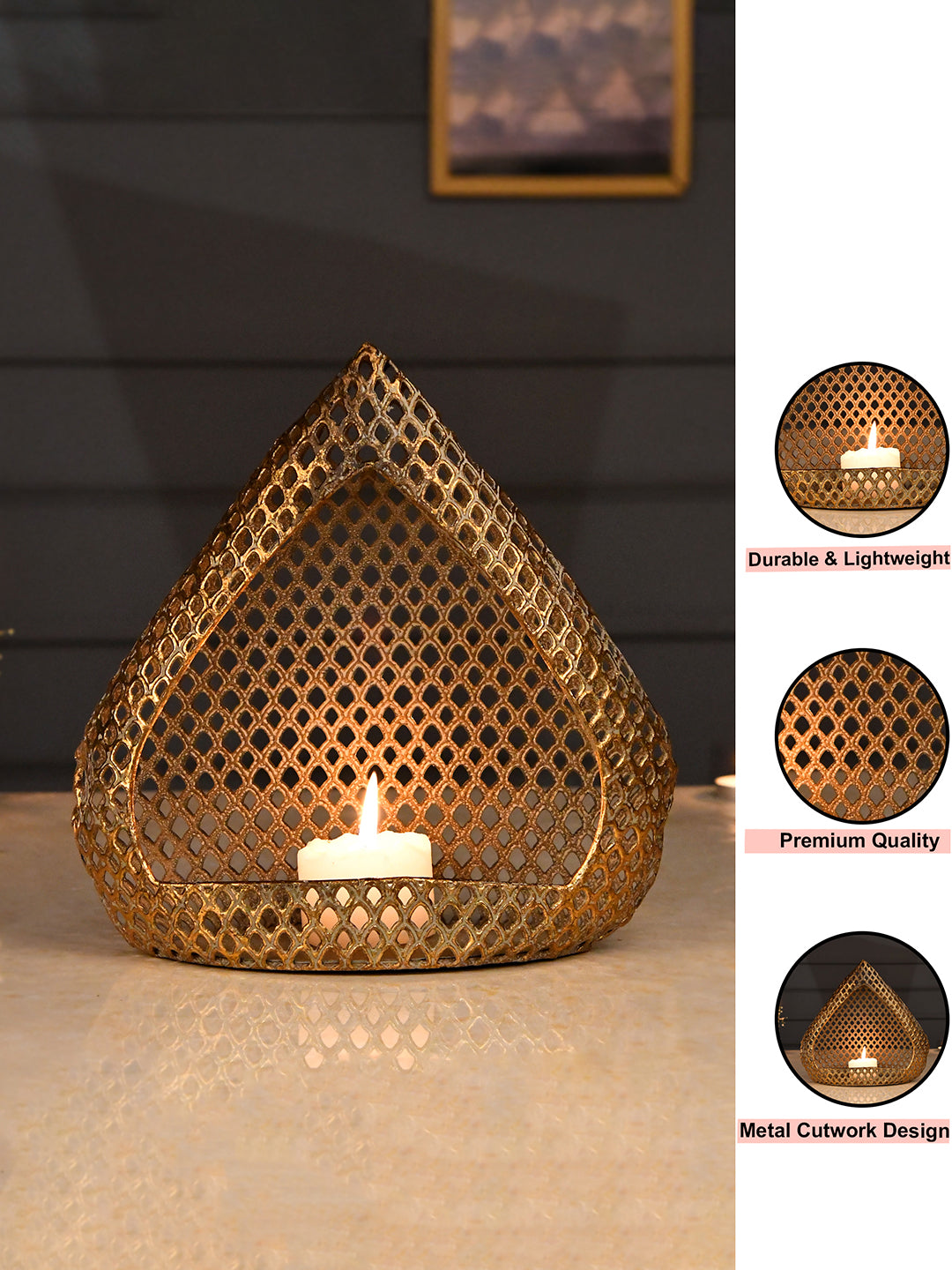 Gold-Toned Triangle Shaped Metal Moroccan Lantern Candle Holder