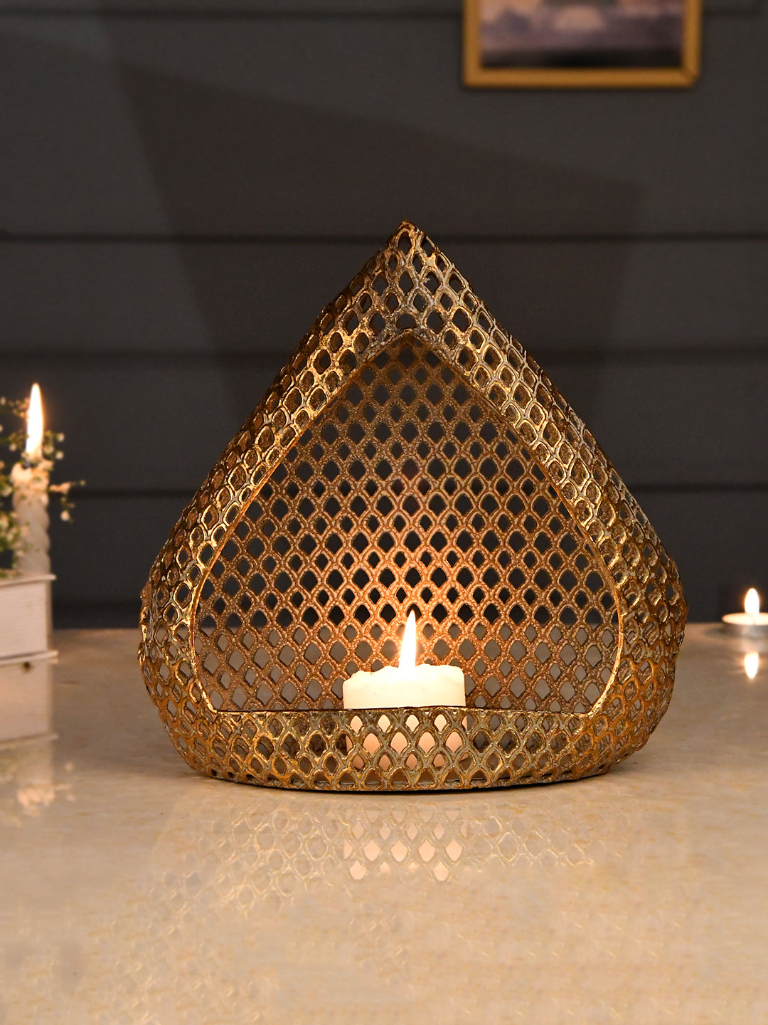 Gold-Toned Triangle Shaped Metal Moroccan Lantern Candle Holder