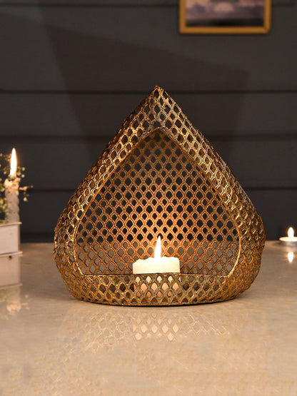 Gold-Toned Triangle Shaped Metal Moroccan Lantern Candle Holder