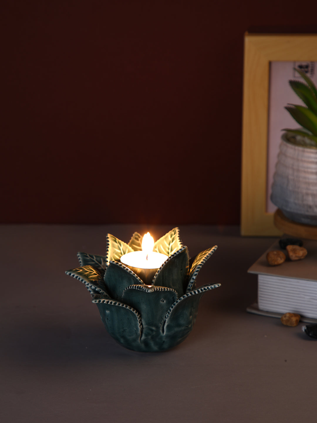 Blue & White Blooming Petals Flower Ceramic Candle Holder