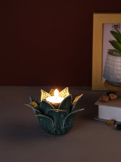 Blue & White Blooming Petals Flower Ceramic Candle Holder