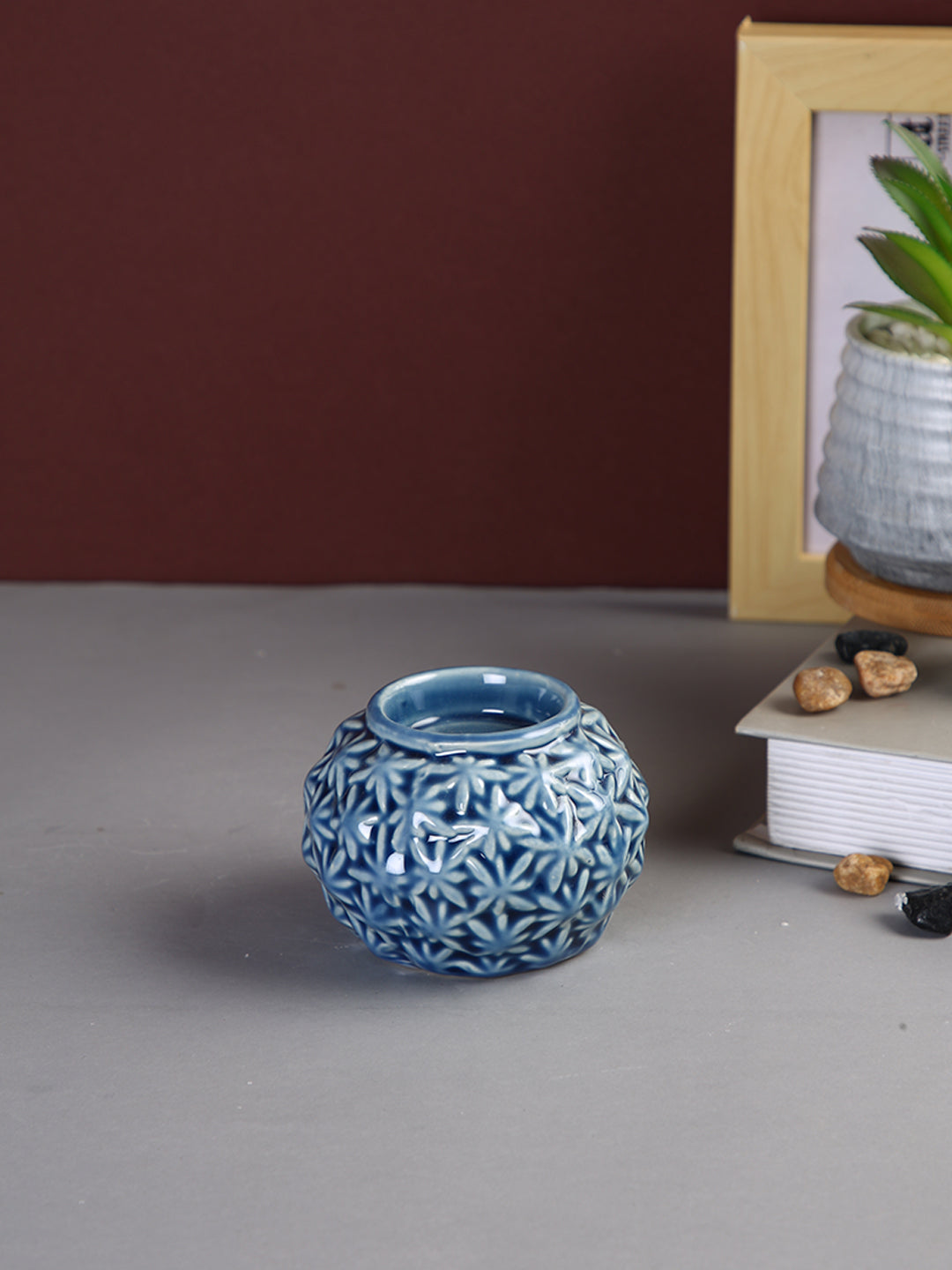 Blue & White Engraved Artisan Ceramic Candle Holder