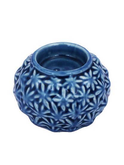 Blue & White Engraved Artisan Ceramic Candle Holder