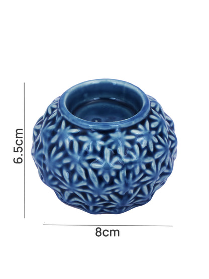 Blue & White Engraved Artisan Ceramic Candle Holder