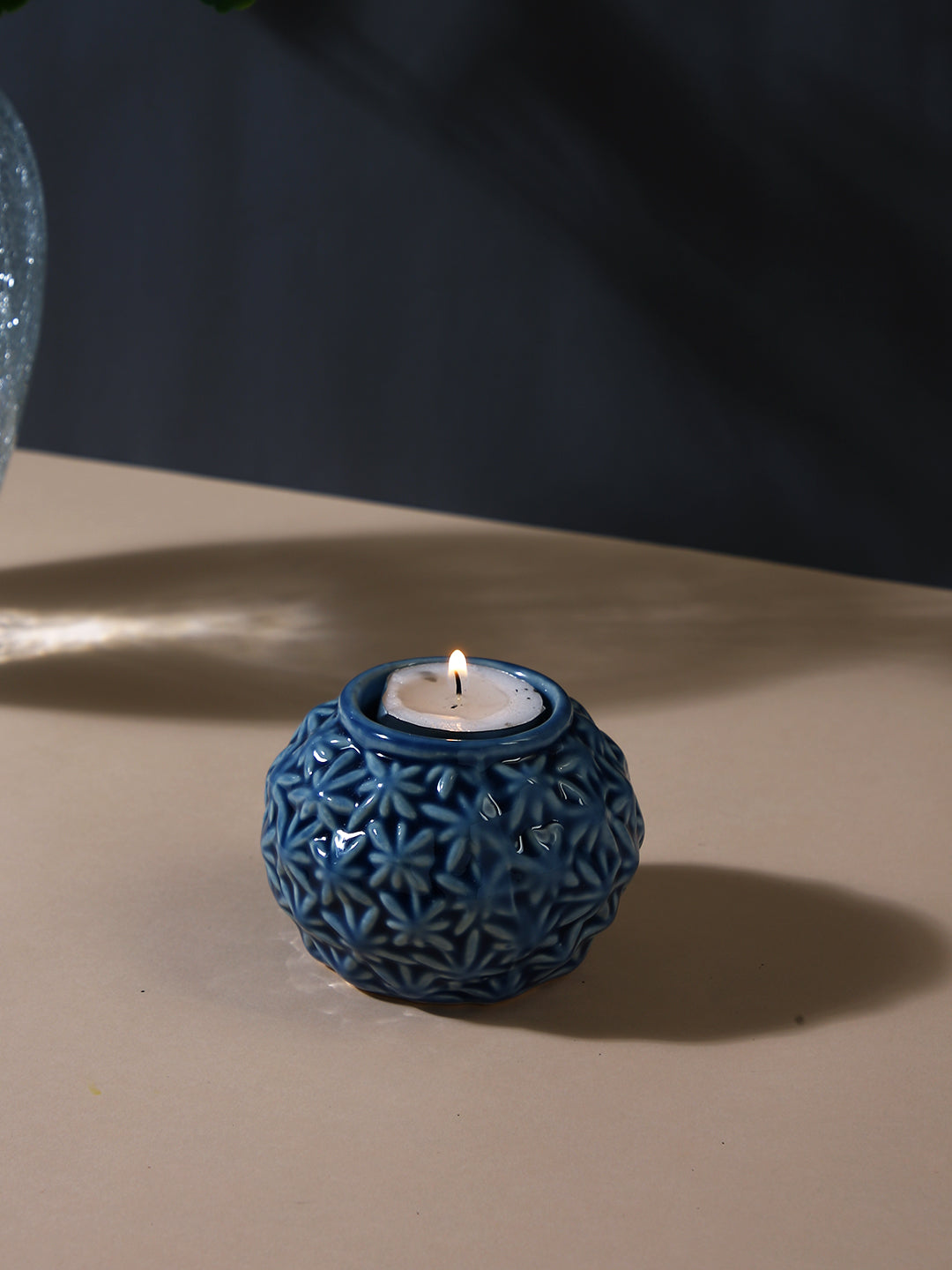 Blue & White Engraved Artisan Ceramic Candle Holder