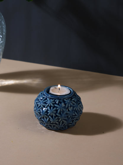 Blue & White Engraved Artisan Ceramic Candle Holder