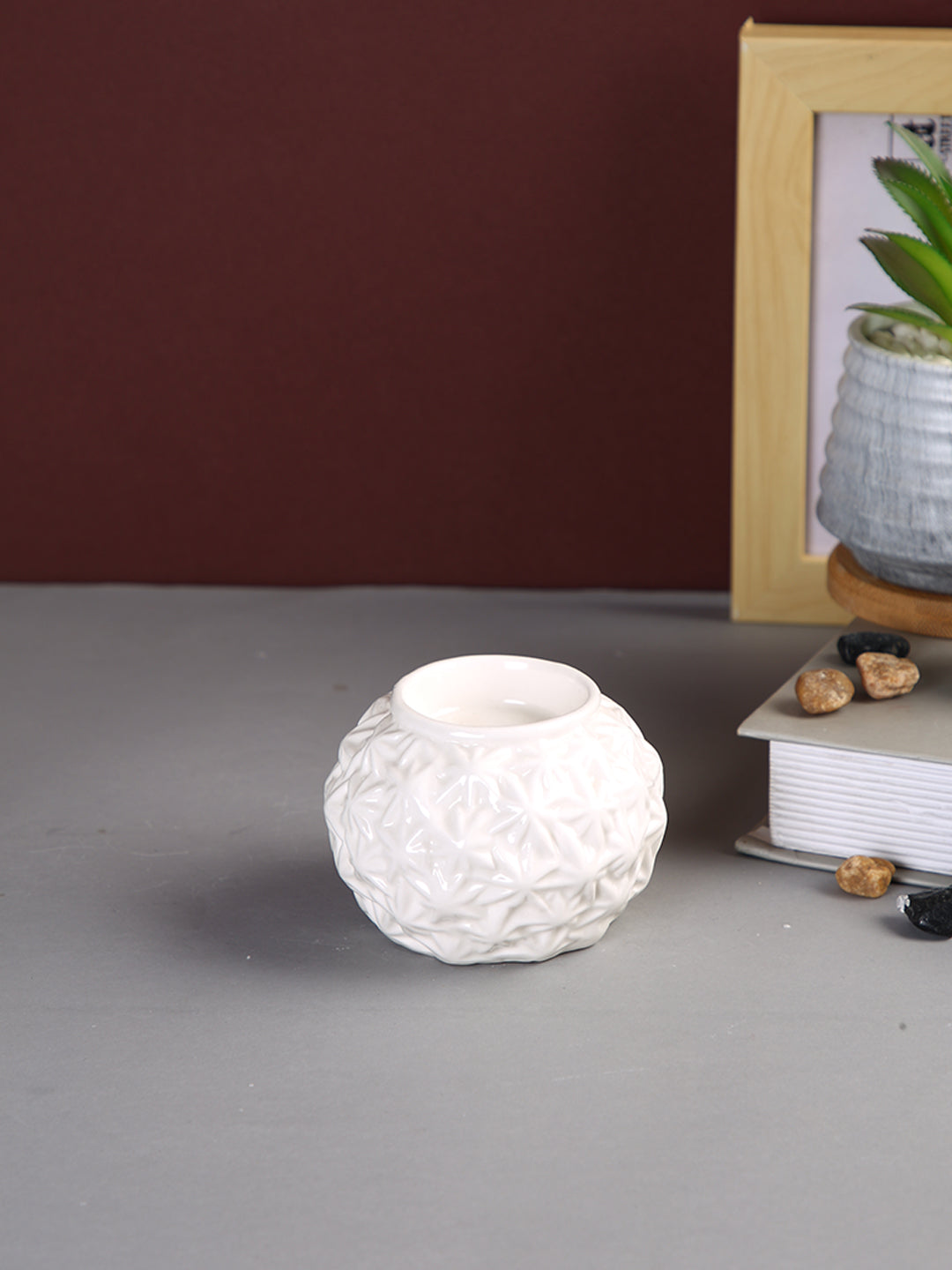 White Engraved Artisan Ceramic Candle Holder