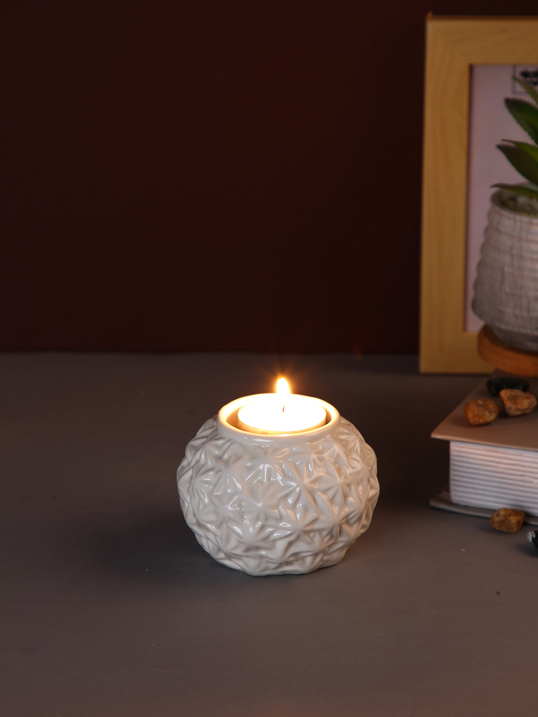 White Engraved Artisan Ceramic Candle Holder