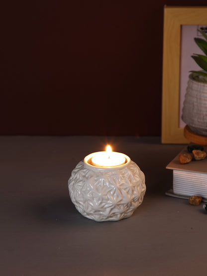 White Engraved Artisan Ceramic Candle Holder
