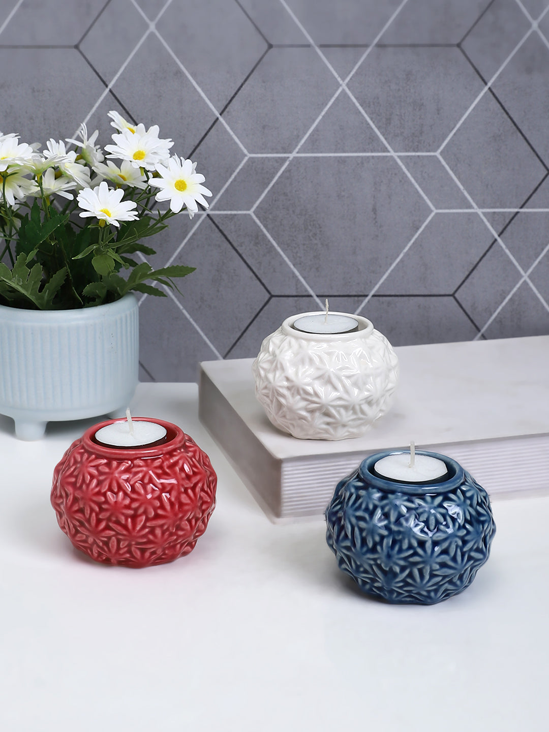 White Engraved Artisan Ceramic Candle Holder