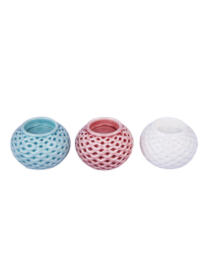 White & Pink 3 Pieces Blooming Flower Ceramic Candle Holder