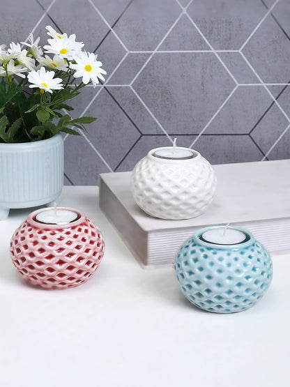 White & Pink 3 Pieces Blooming Flower Ceramic Candle Holder