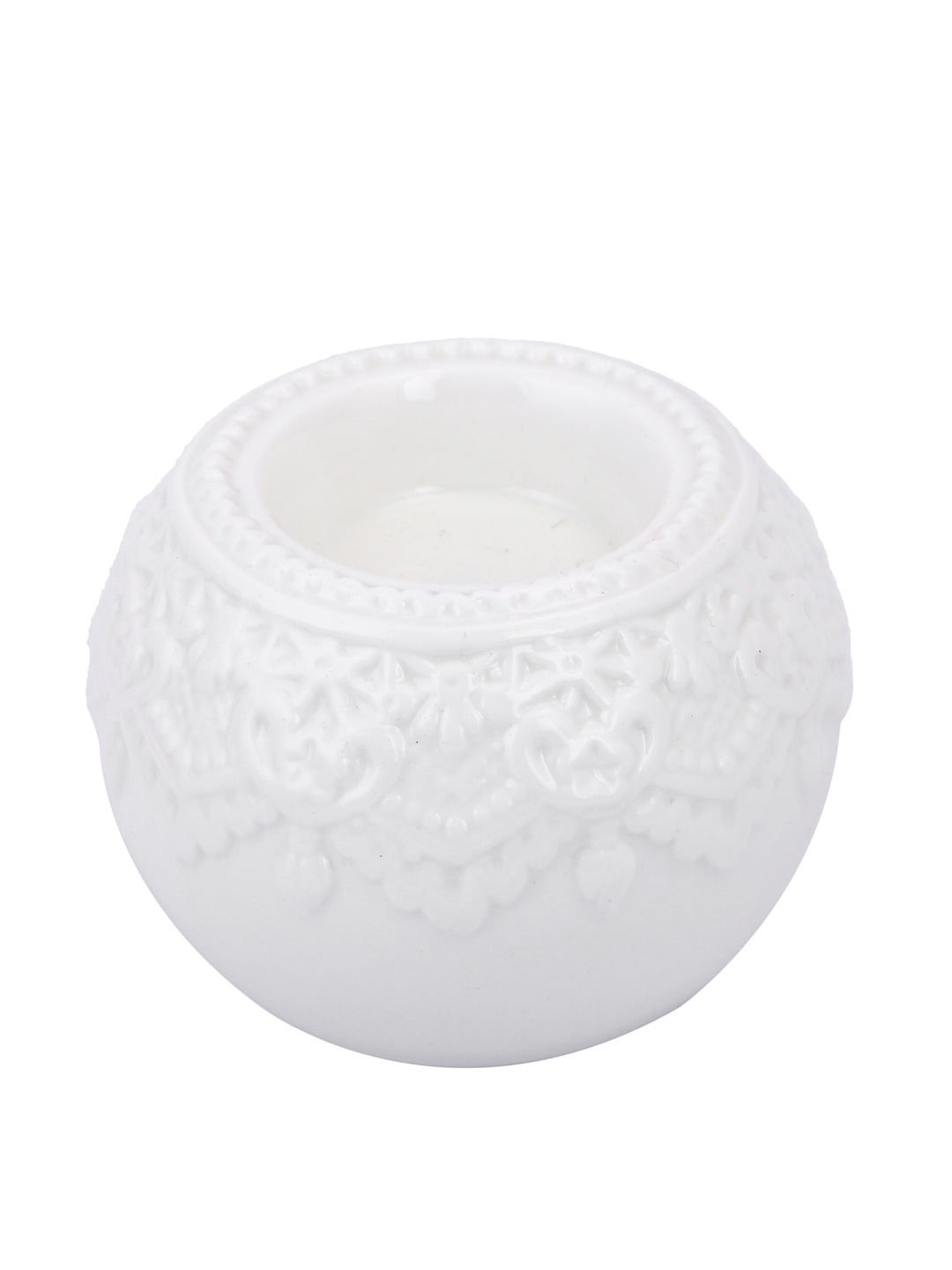 White Antique Designed Round Shaped Ceramic Candle Holder