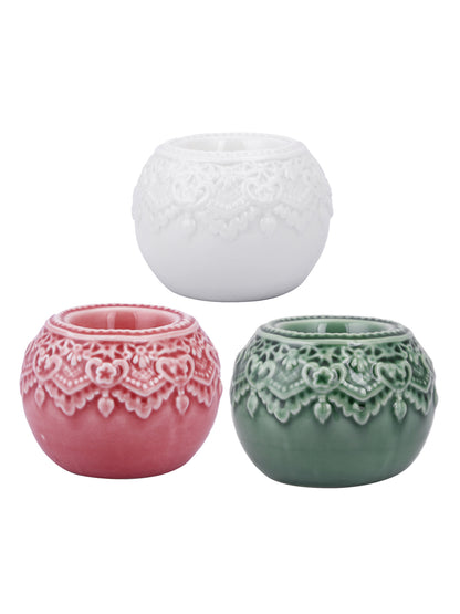 White & Green 3 Pieces Antique Designed Round Shaped Ceramic Candle Holders