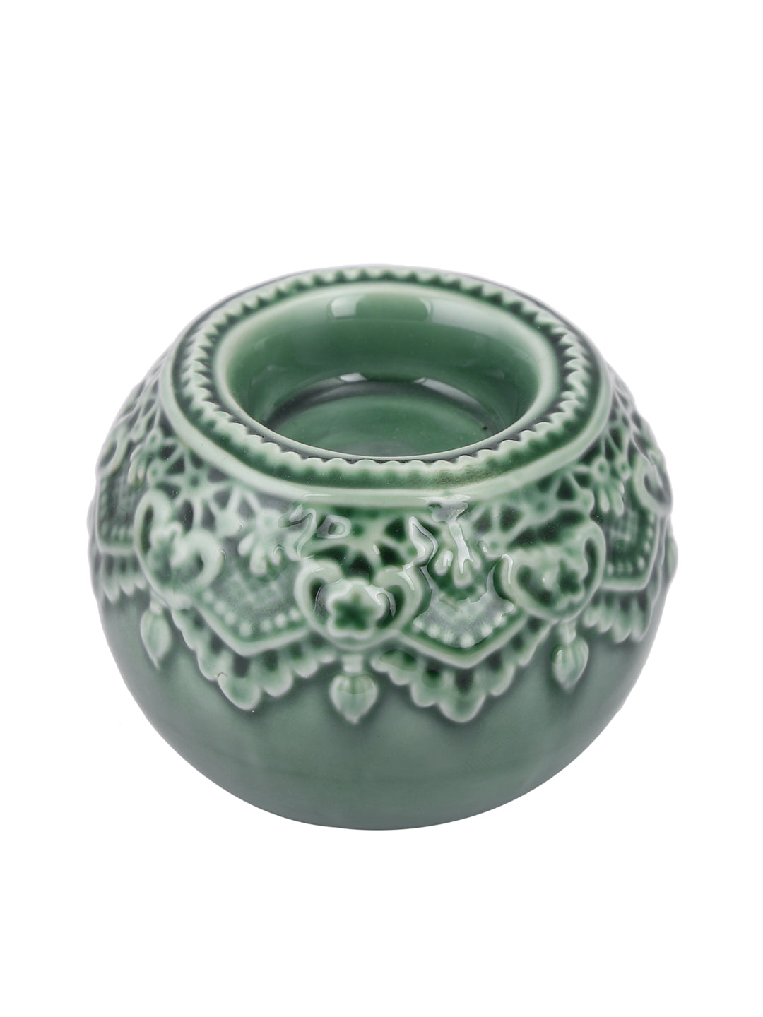 White & Green 3 Pieces Antique Designed Round Shaped Ceramic Candle Holders