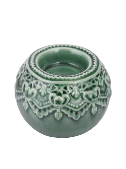 White & Green 3 Pieces Antique Designed Round Shaped Ceramic Candle Holders