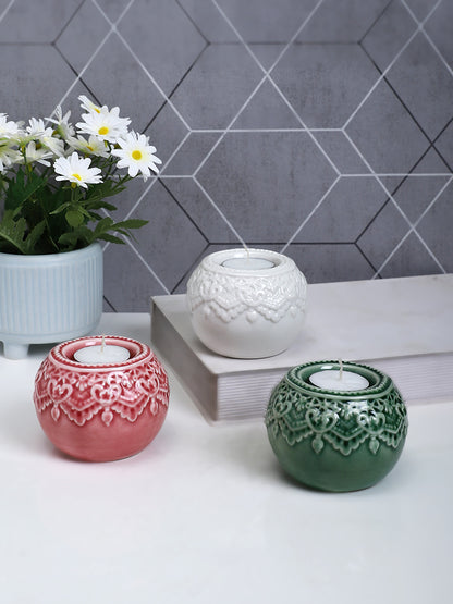 White & Green 3 Pieces Antique Designed Round Shaped Ceramic Candle Holders