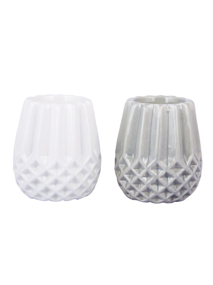 White & Grey 2 Pieces Engraved Candle Holder