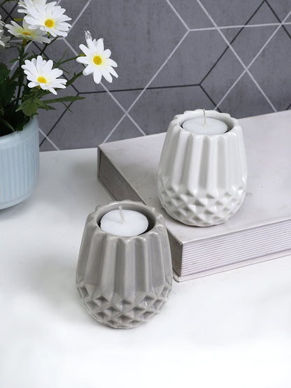 White & Grey 2 Pieces Engraved Candle Holder