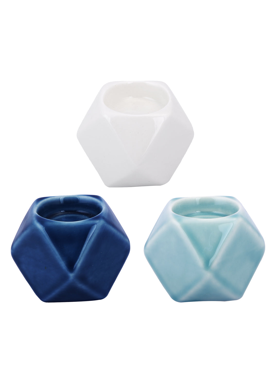 White & Blue 3 Pieces Geometric designed Candle Holder