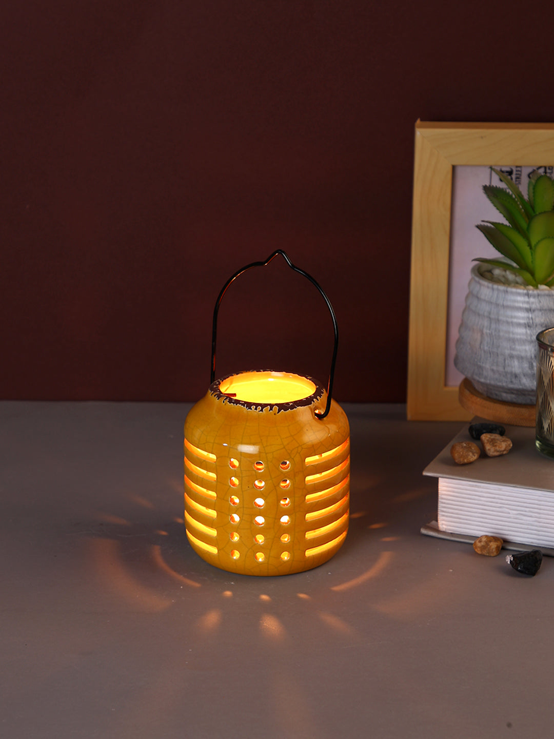 Yellow & Black Ceramic Slotted Candle Holder