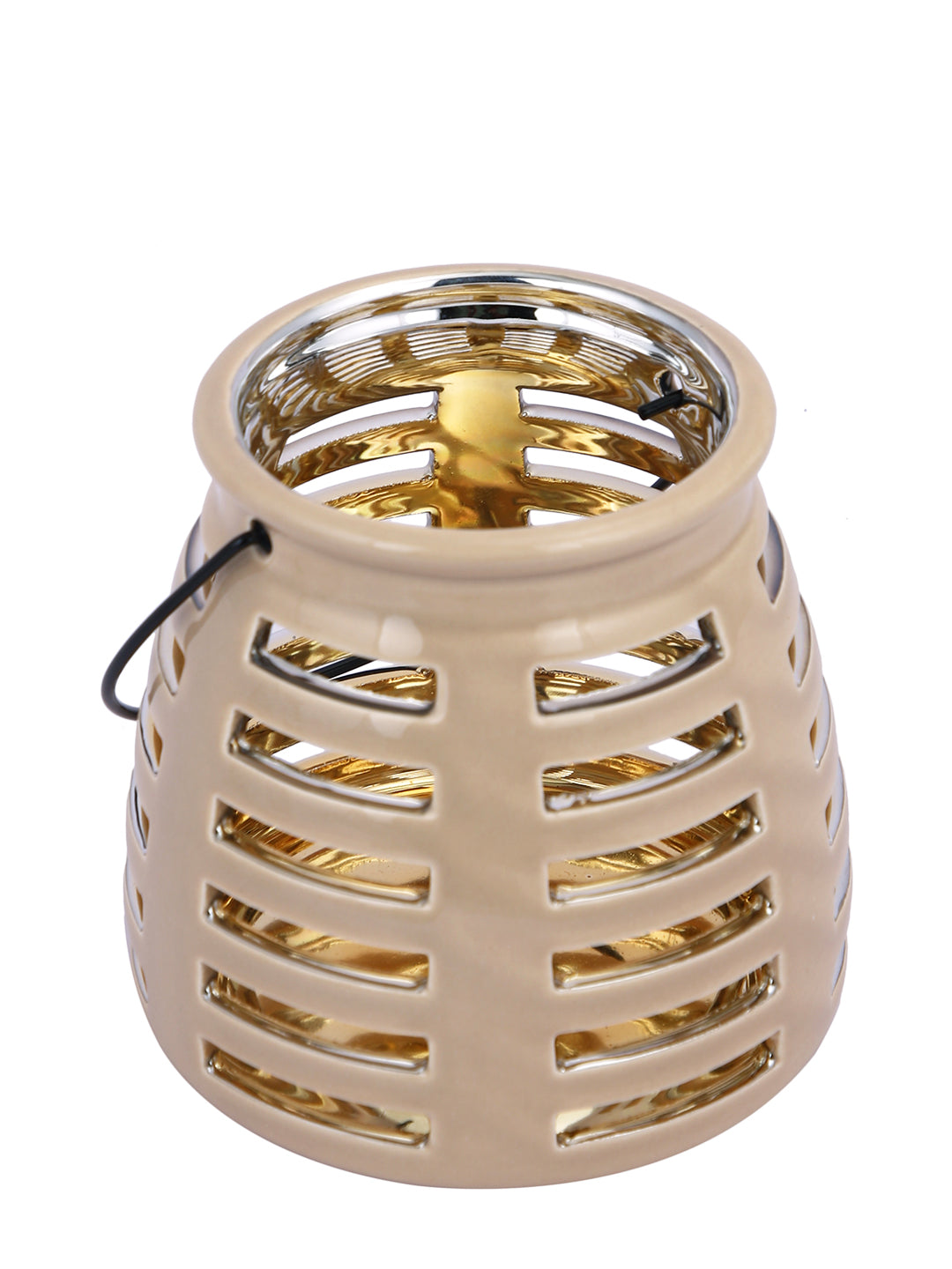 Beige & Gold-Toned Patterned Ceramic Candle Holder