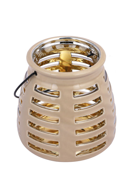 Beige & Gold-Toned Patterned Ceramic Candle Holder