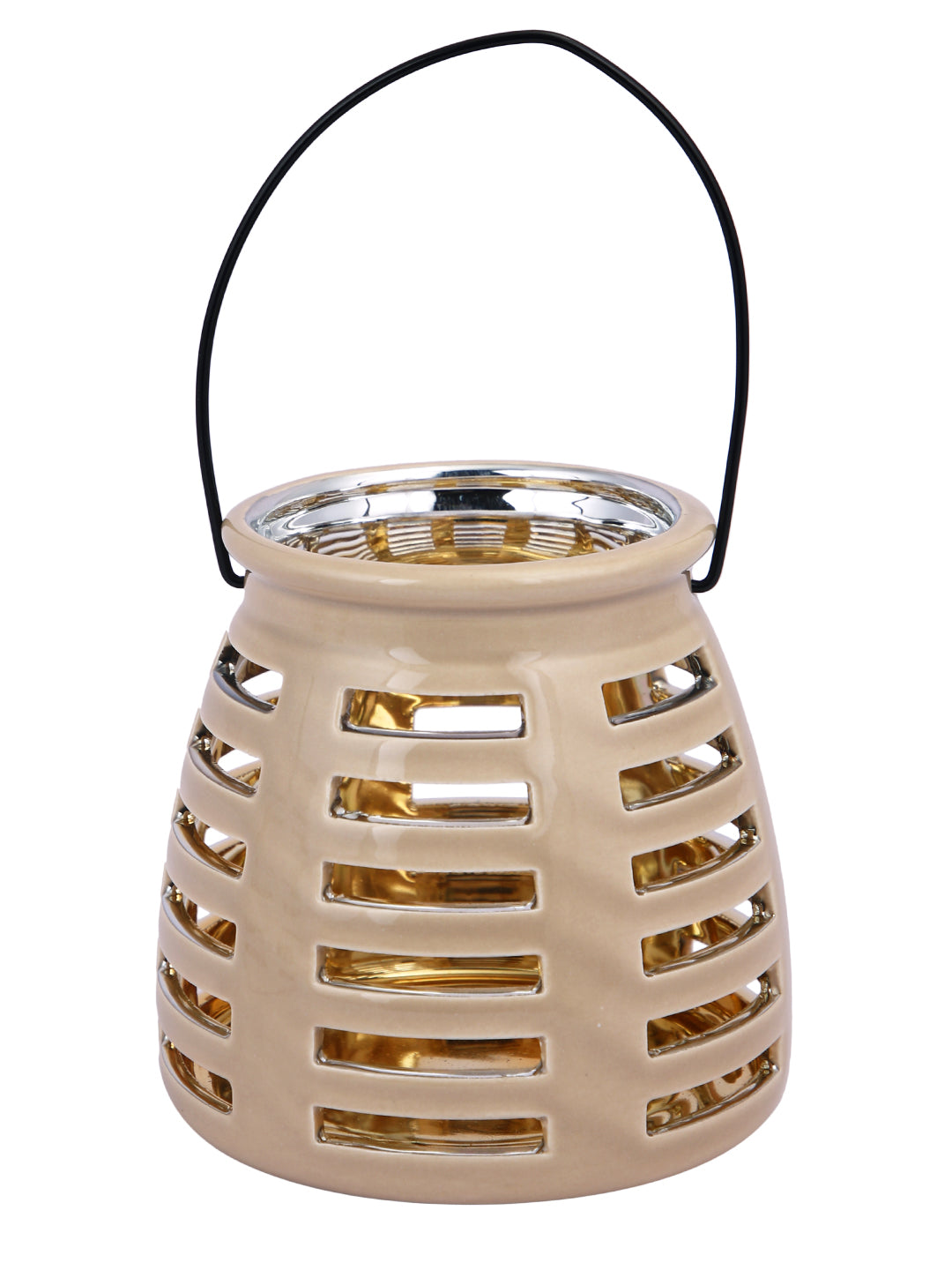 Beige & Gold-Toned Patterned Ceramic Candle Holder