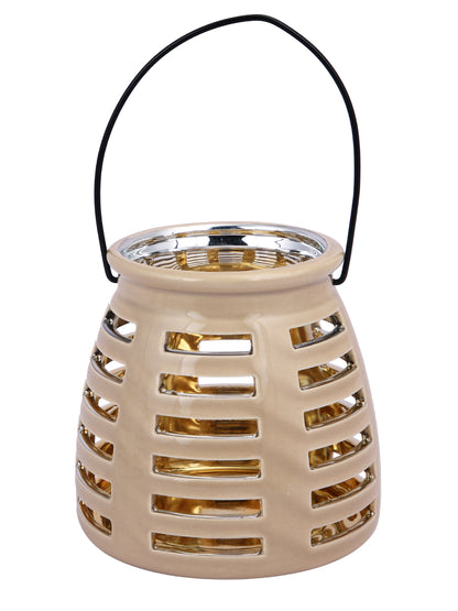 Beige & Gold-Toned Patterned Ceramic Candle Holder