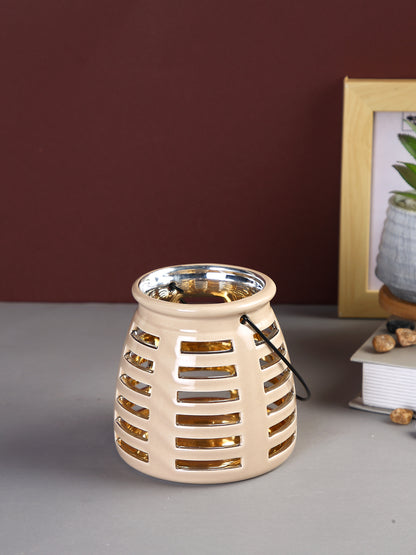 Beige & Gold-Toned Patterned Ceramic Candle Holder