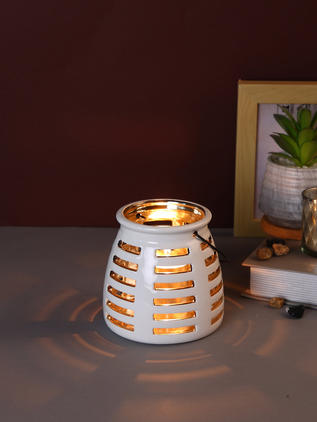 White & Black Cut Work Ceramic Candle Holder