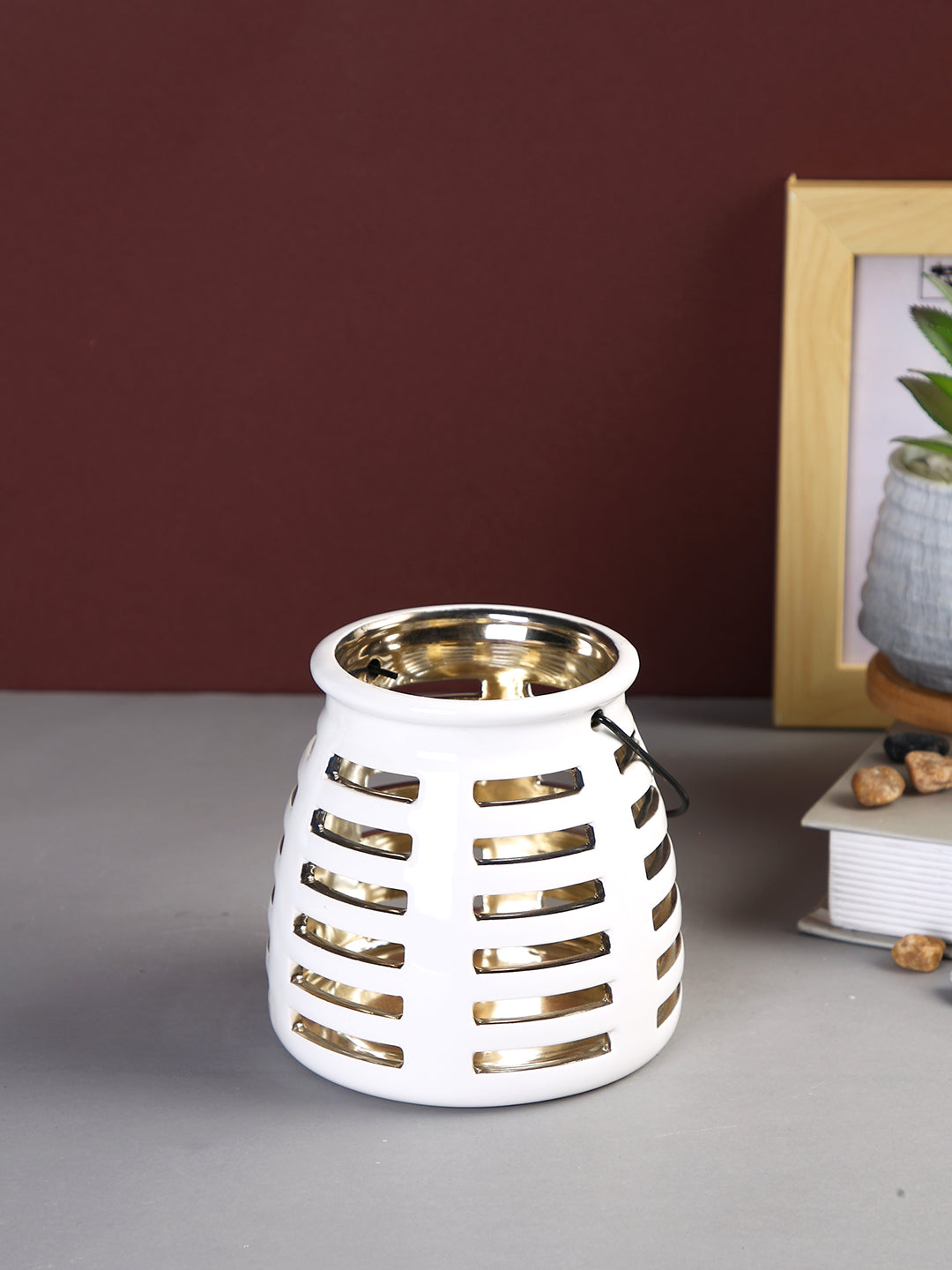 White & Black Cut Work Ceramic Candle Holder